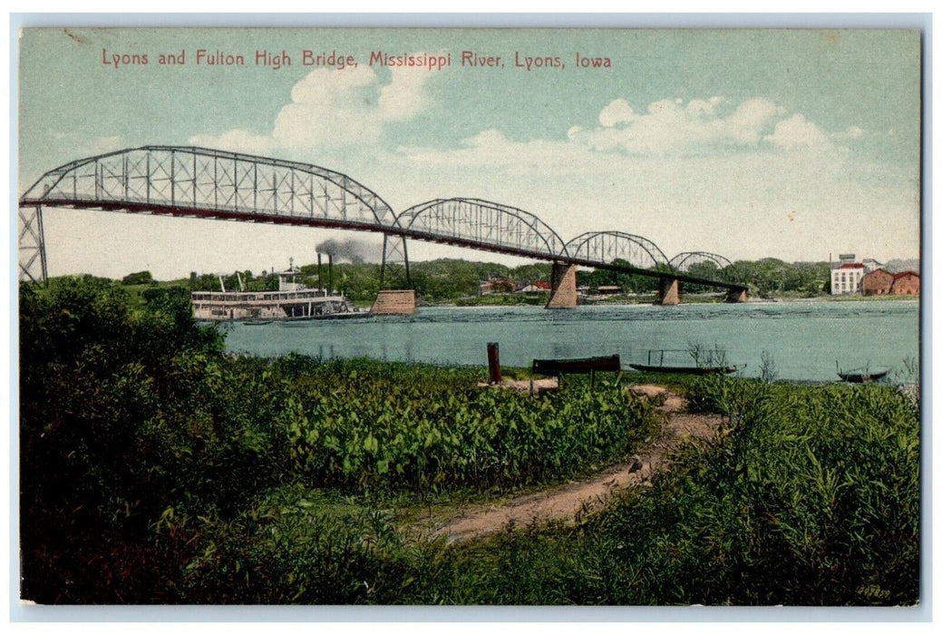 c1910 Lyons and Fulton High Bridge Mississippi River Lyons Iowa IA Postcard