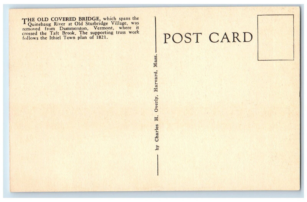 c1940's Covered Bridge Old Sturbridge Village Massachusetts MA Unposted Postcard