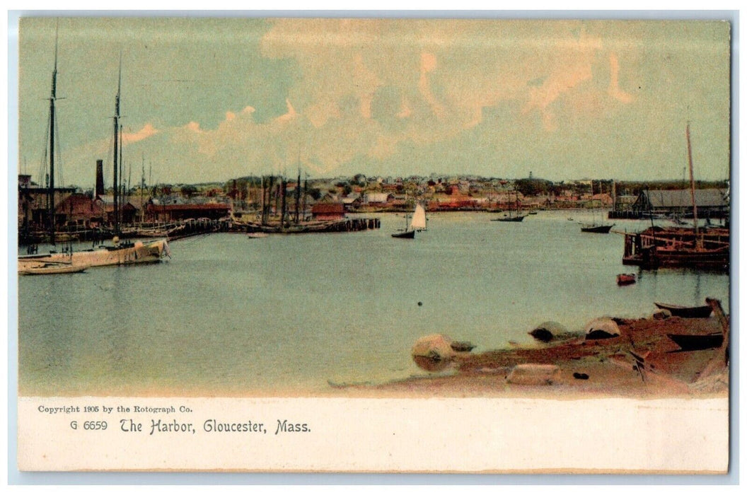 c1905 Harbor Fishing Sailboat Dock Pier Boats Gloucester Massachusetts Postcard