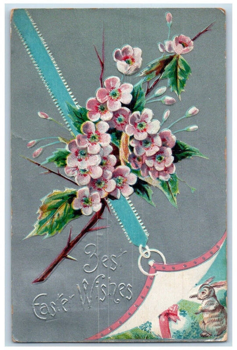 1909 Easter Wishes Bunny Rabbit Flowers Winsch Back Embossed Antique Postcard
