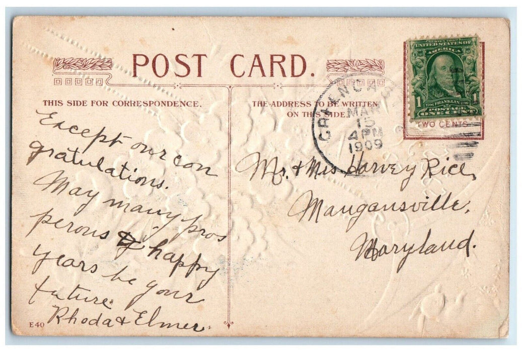 1909 Easter Wishes Bunny Rabbit Flowers Winsch Back Embossed Antique Postcard