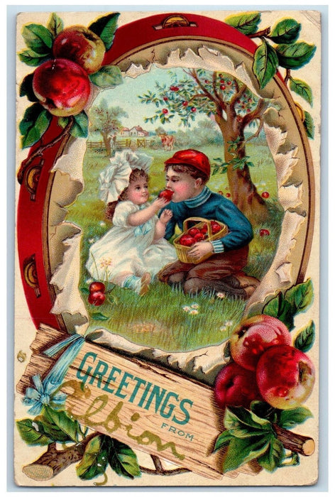 1910 Greetings From Albion New York, Kent NY Red Cherry Fruit Posted Postcard