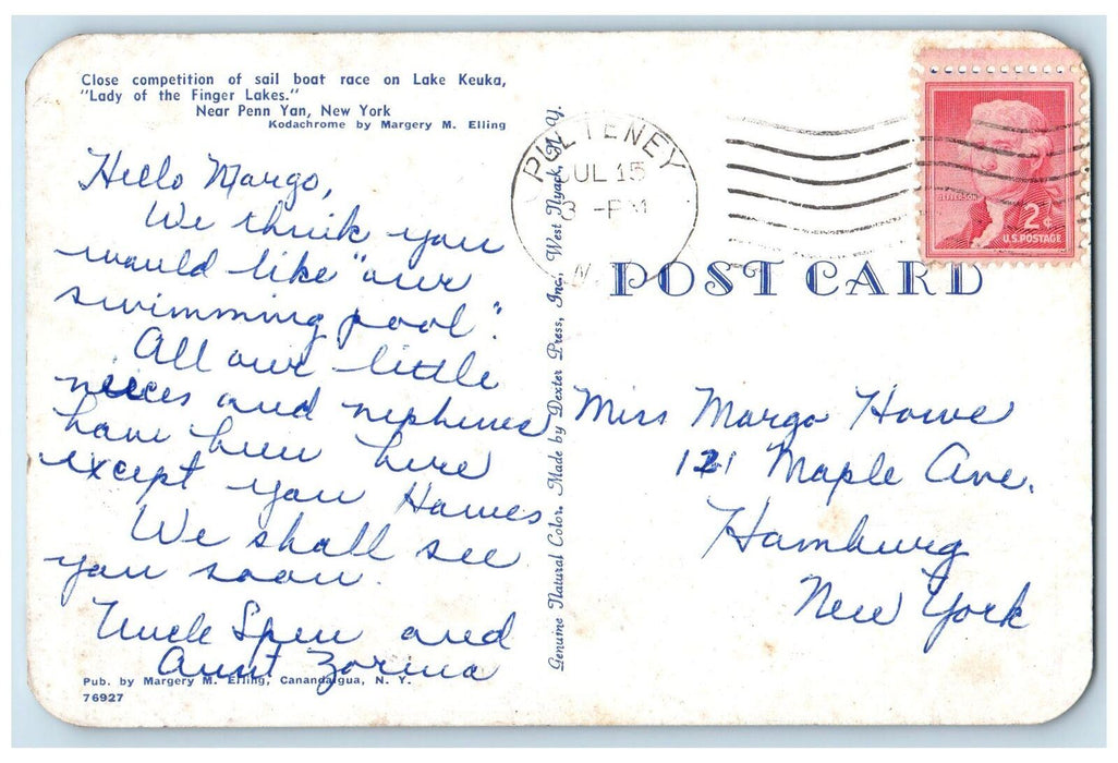 1960 Lake Keuka Sailboat Race Penn Yan New York NY Pulteney Postcard