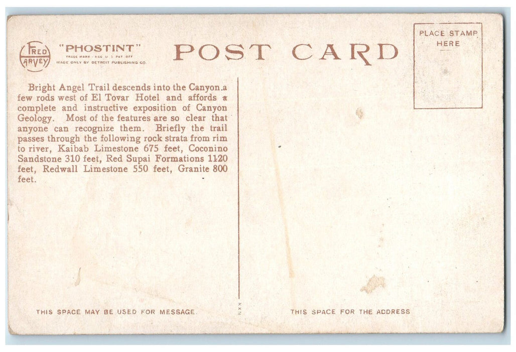 Grand Canyon National Park Bright Angel Trail Arizona AZ Fred Harvey Postcard