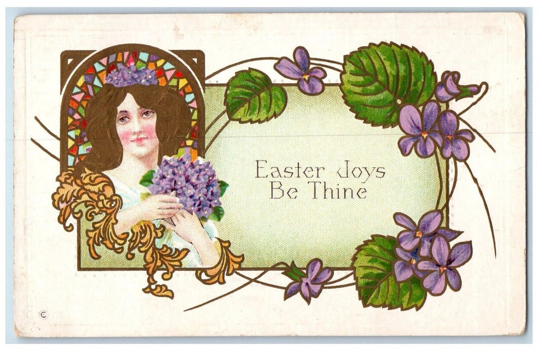 c1910's Easter Joy Pretty Woman Pansies Flowers Art Nouveau Owego NY Postcard