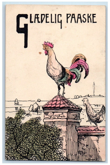 c1910's Happy Easter Glaedelig Paaske Rooster Chicken Hen Antique Postcard