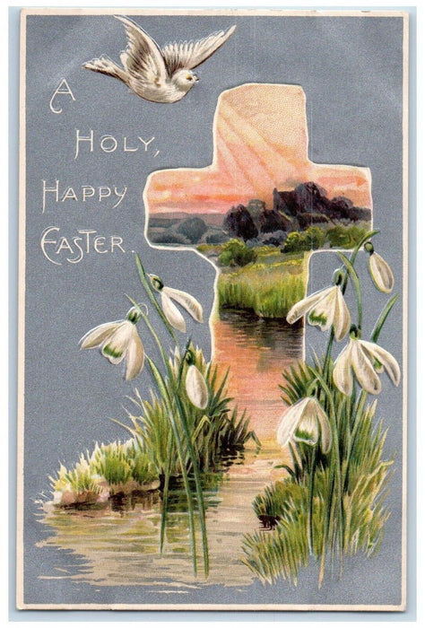 c1910's Happy Easter Dove Cross River Lily Flowers Embossed Antique Postcard