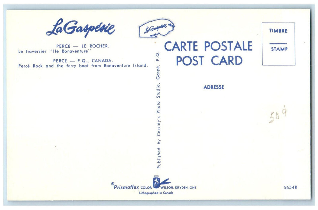 c1950's Perce Rock Ferry Boat La Gaspesie Perce PQ Quebec Canada Postcard