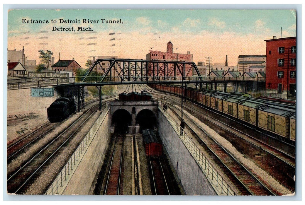 1911 Entrance To Detroit River Tunnel Train Railroad Michigan MI Postcard