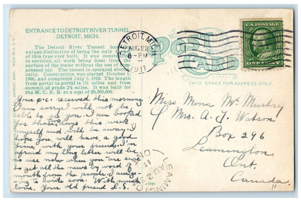 1911 Entrance To Detroit River Tunnel Train Railroad Michigan MI Postcard