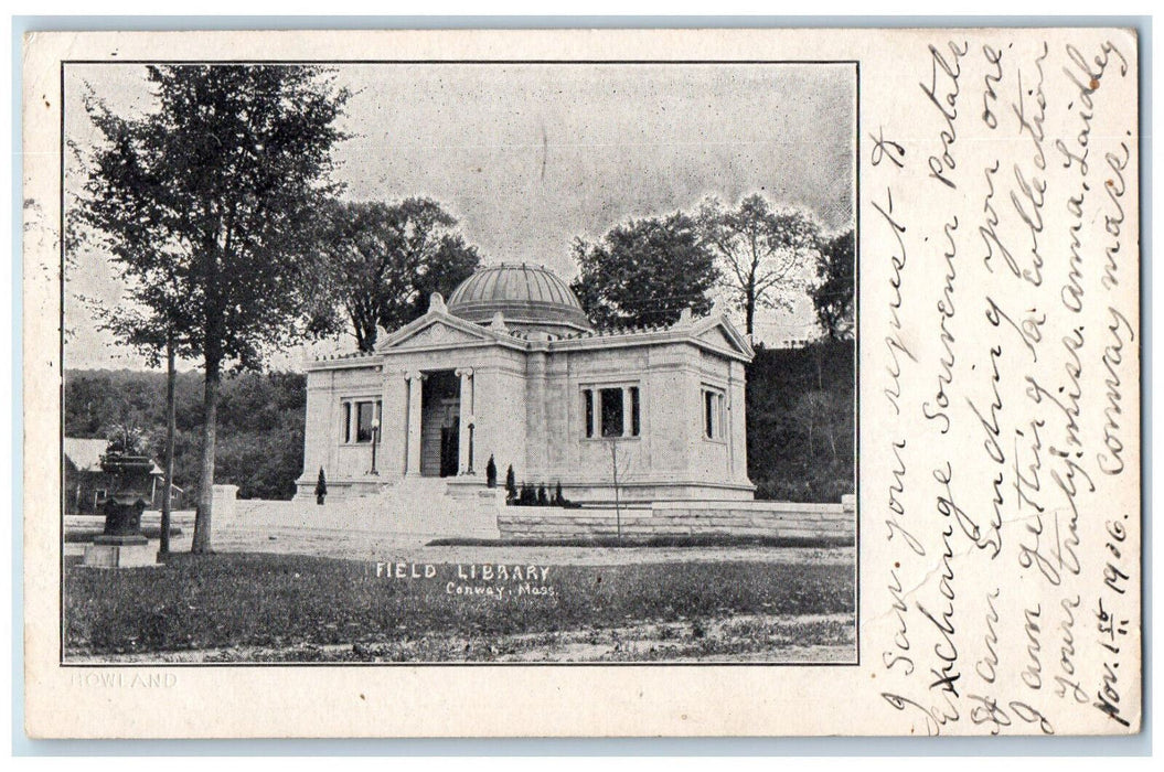 1906 Field Library Conway Massachusetts MA Antique Posted Postcard