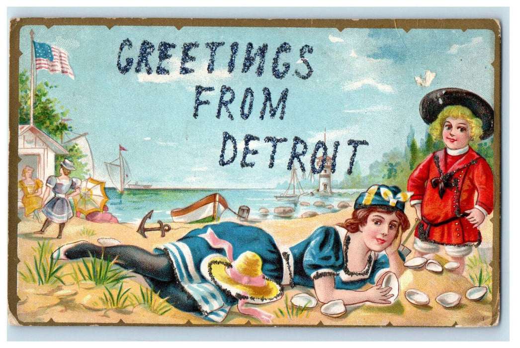 c1910 Anchor, Boat, Lighthouse, Greetings from Detroit MI Glitters Postcard