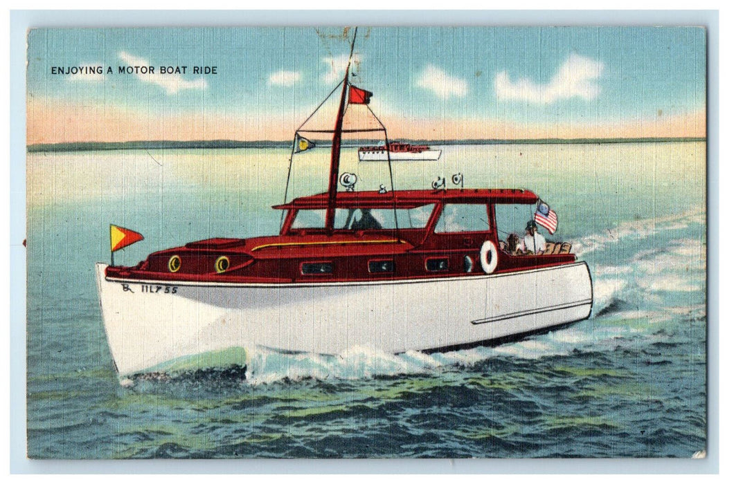 1947 Enjoying a Motor Boat Ride, American Flag, Steamboat in Background Postcard