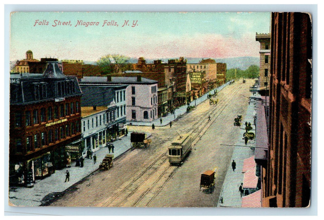 c1910 Trolley Car, Business Section, Falls St. Niagara Falls NY Postcard