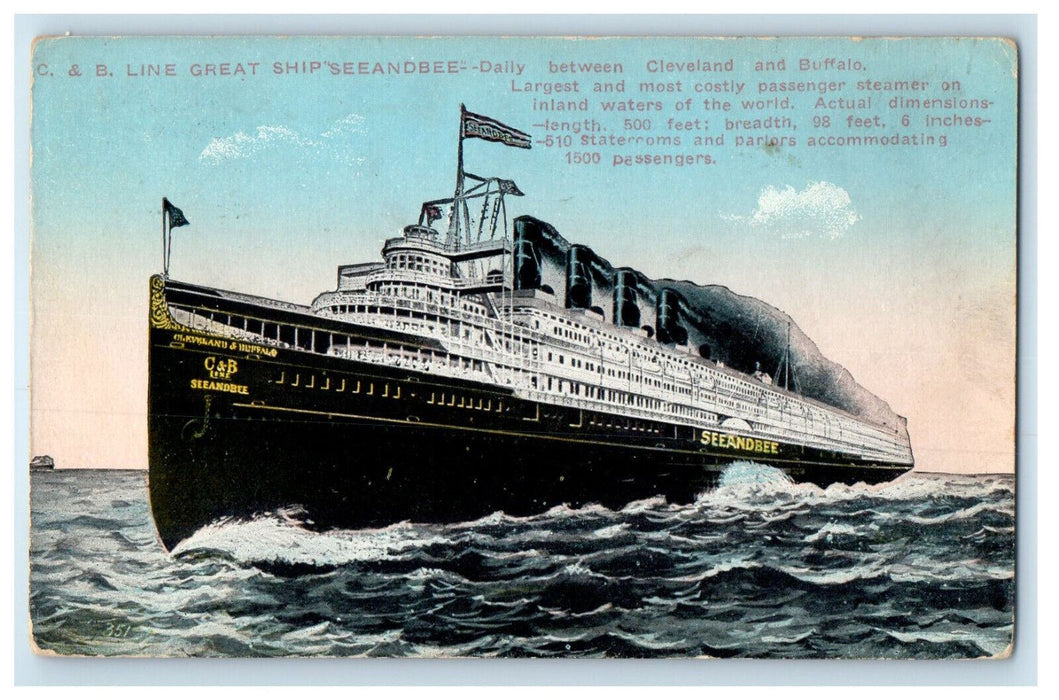 c1910's C & B Line Great Ship'Seeandbee Buffalo New York NY Posted Postcard