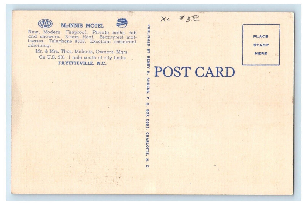 McInnis Motel US 301. 1 Mile South Fayetteville North Carolina NC Postcard