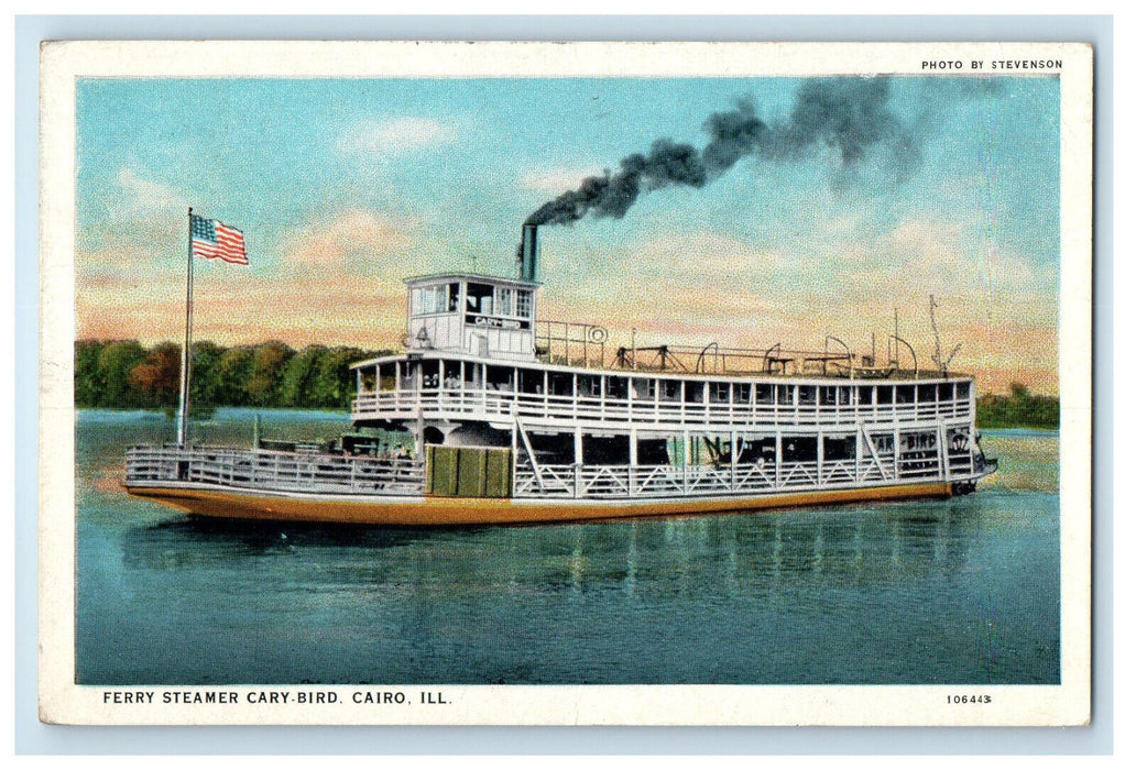 1940 Ferry Steamer Cary Bird, American Flag, Smoke, Cairo Illinois IL Postcard