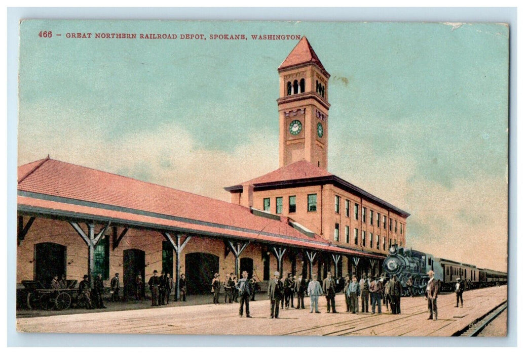 1909 Great Northern Railroad Train Depot Spokane Washington WA Antique Postcard