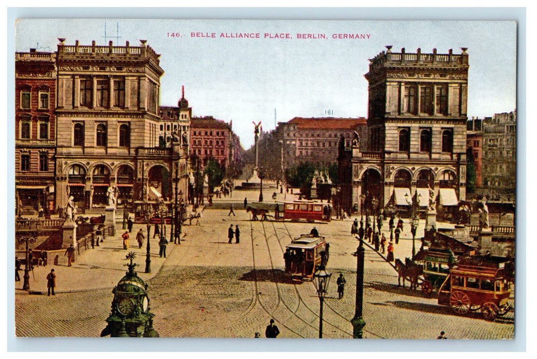 c1910 Trolley Car, Horse Carriage, Belle Alliance Place Berlin Germany Postcard