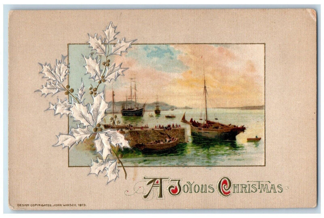 c1910's Christmas Boat Holly Berries John Winsch Artist Signed Embossed Postcard