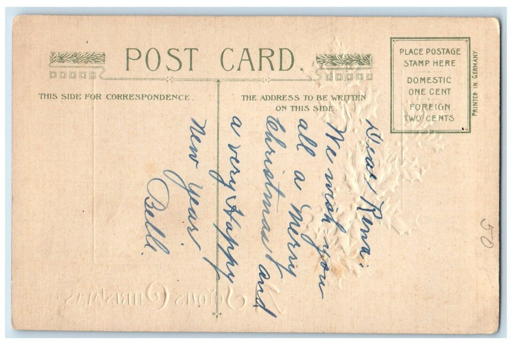 c1910's Christmas Boat Holly Berries John Winsch Artist Signed Embossed Postcard