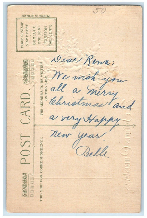 c1910's Christmas Boat Holly Berries John Winsch Artist Signed Embossed Postcard