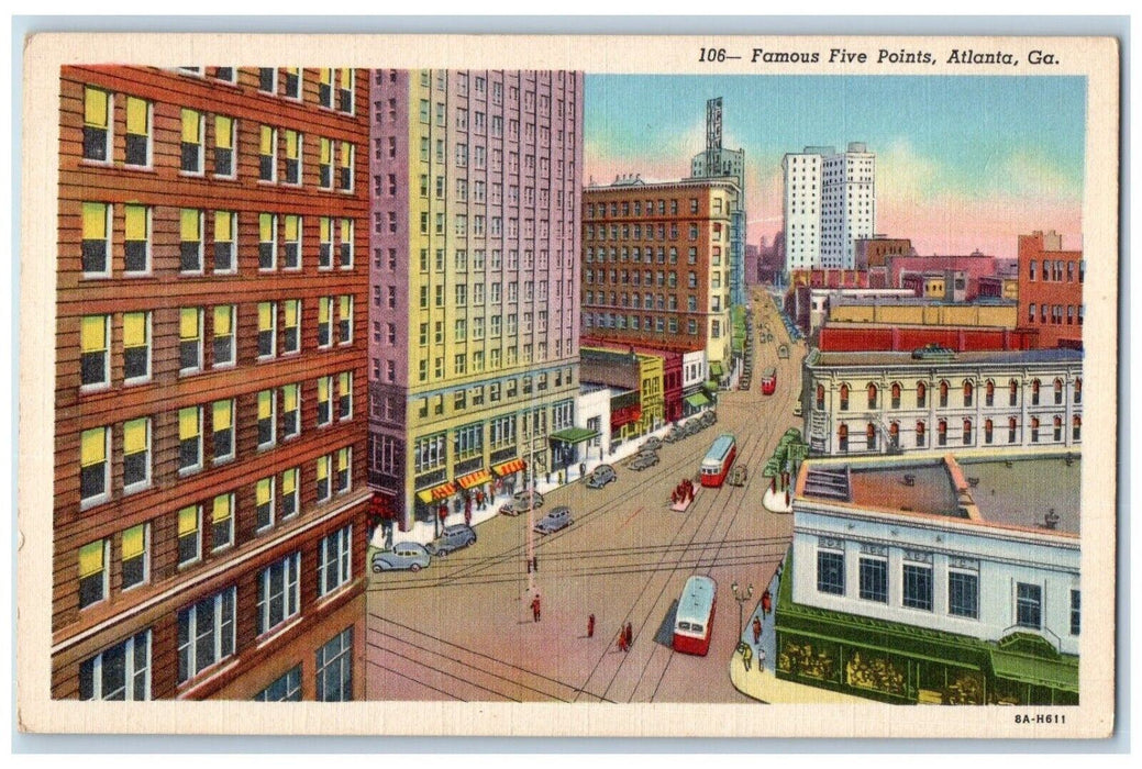 c1940 Famous Five Points Radiating Center Southeast Atlanta Georgia GA Postcard