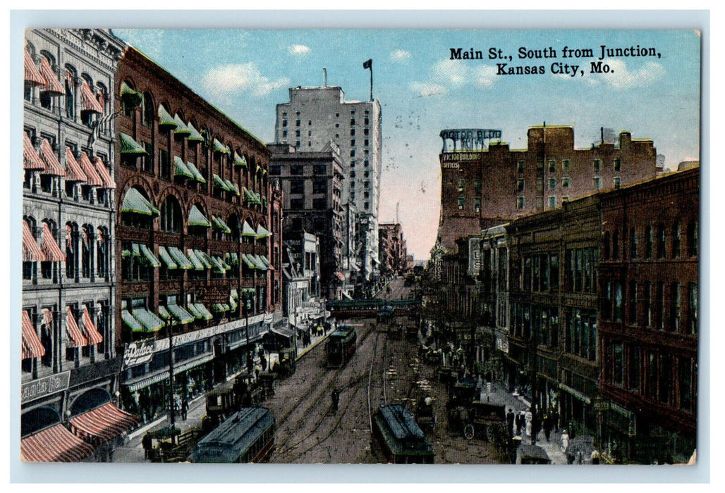 1916 Trolley, Main St. South from Junction Kansas City Missouri MO Postcard