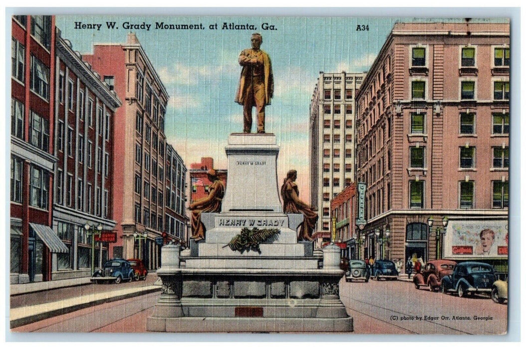 c1940 Henry W Grady Monument Sculpture Classic Cars Atlanta Georgia GA Postcard