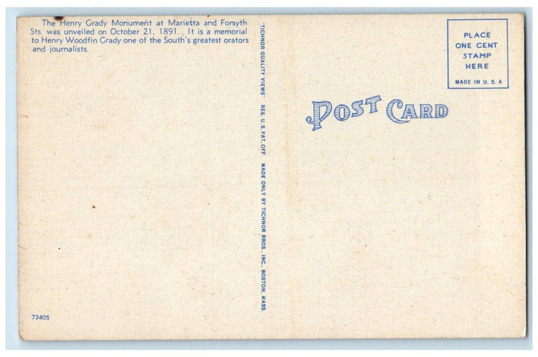 c1940 Henry W Grady Monument Sculpture Classic Cars Atlanta Georgia GA Postcard