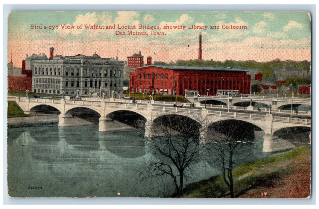 c1940's Bird's Eye View Walnut Locust Bridge Library Des Moines Iowa IA Postcard