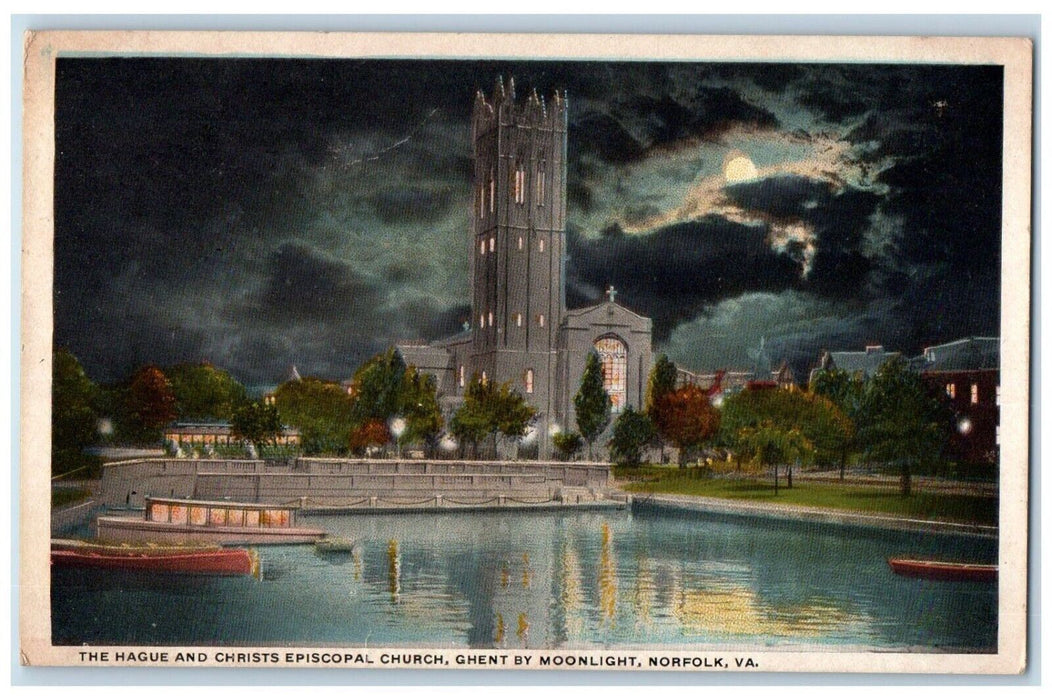 1921 Hauge Christs Episcopal Church Ghent Moonlight Norfolk Virginia VA Postcard