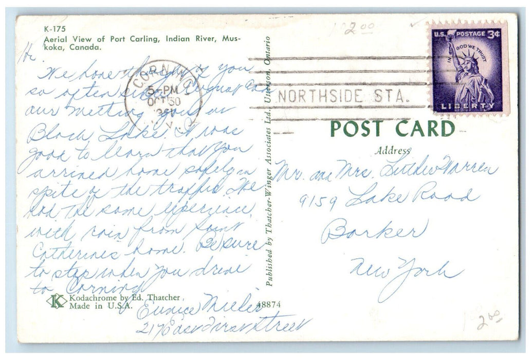 1961 Aerial View of Port Carling Indian River Muskoka Canada Postcard