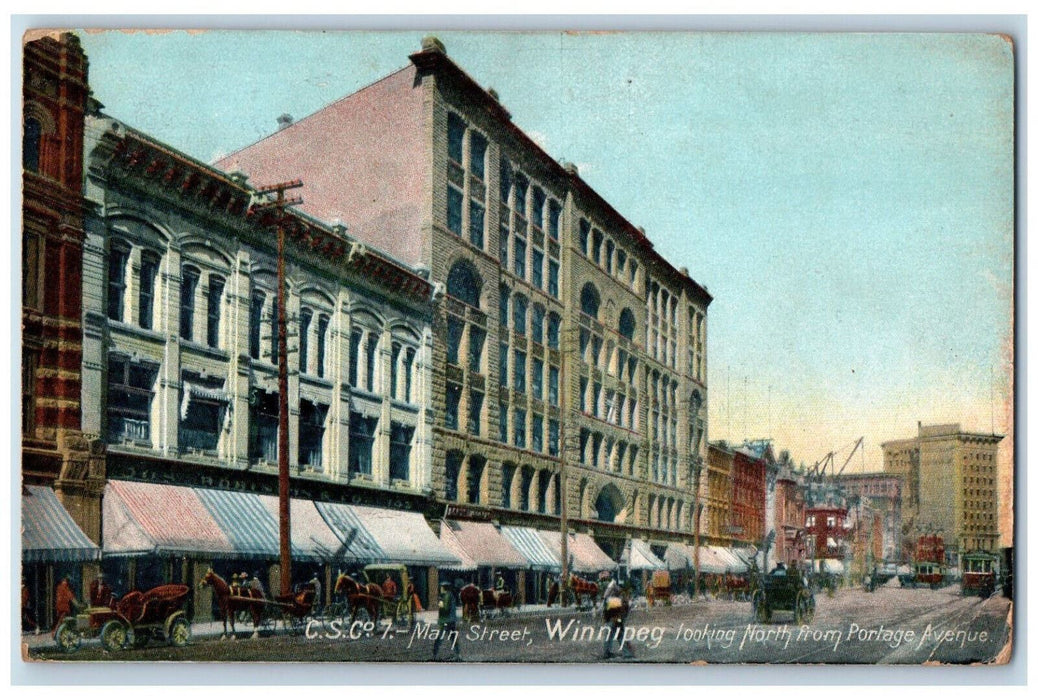c1910 Trolley Car Business Section Main Street Winnipeg Manitoba Canada Postcard