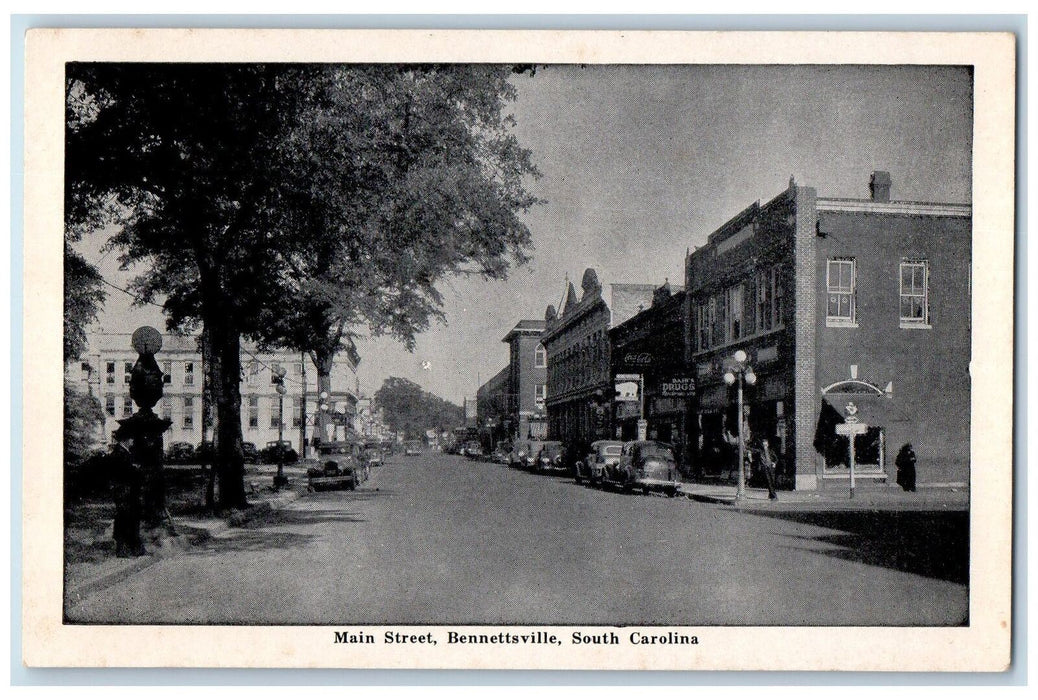 c1920s Main Street Scene Bennettsville South Carolina SC Unposted Tree Postcard