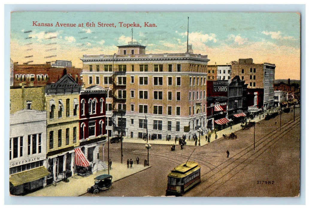 1915 Trolley, Greenbaum Kansas Avenue at 6th Street, Topeka Kansas KS Postcard