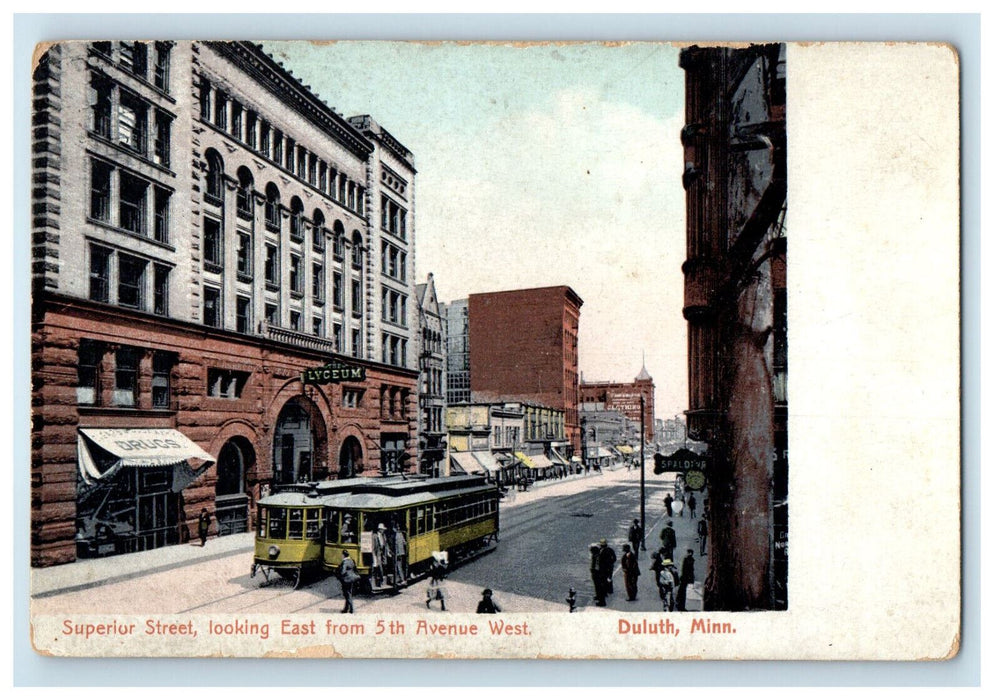 c1905 Trolley, Drugstore Superior St. Duluth Minnesota MN Antique Postcard