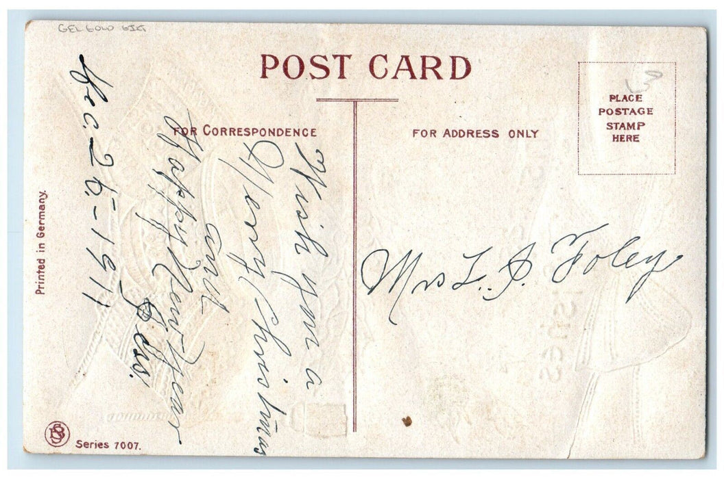 1911 Christmas Wishes Ringing Bells Berries Embossed Gel Golt Gilt Postcard