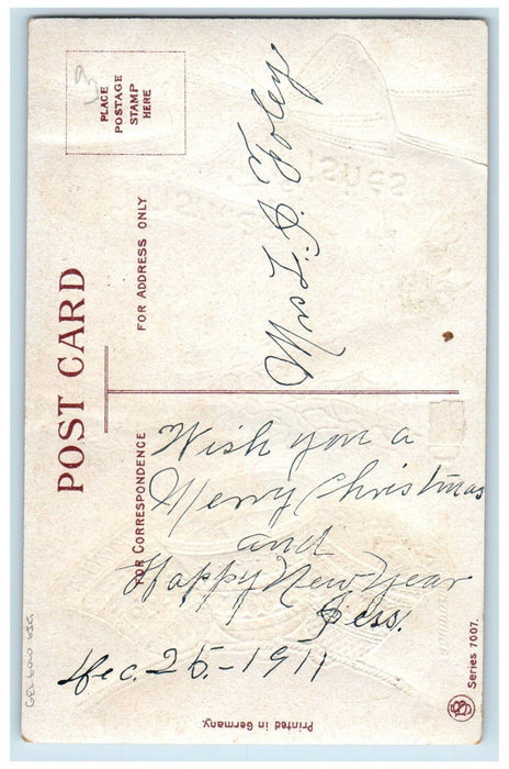 1911 Christmas Wishes Ringing Bells Berries Embossed Gel Golt Gilt Postcard