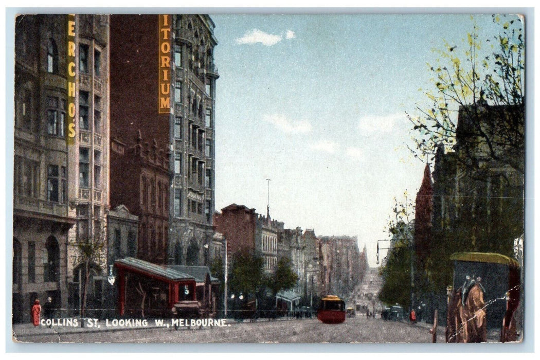 c1910 Trolley Car Collins St. Looking W. Melbourne Australia Posted Postcard