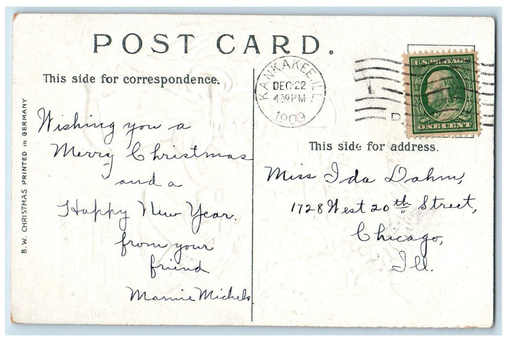 1909 Merry Christmas Angel Children Religious Kankakee Illinois IL Postcard