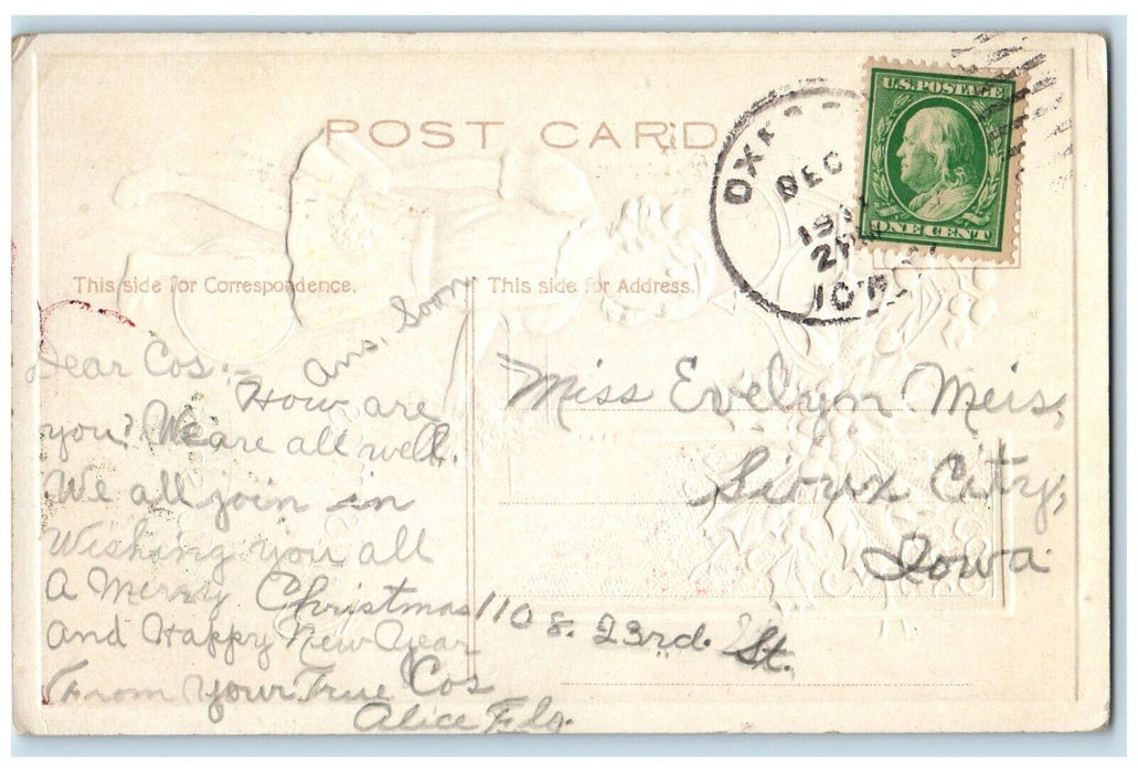 1911 Christmas Wishes Girl Holly Berries Ball Embossed P. Sander Posted Postcard