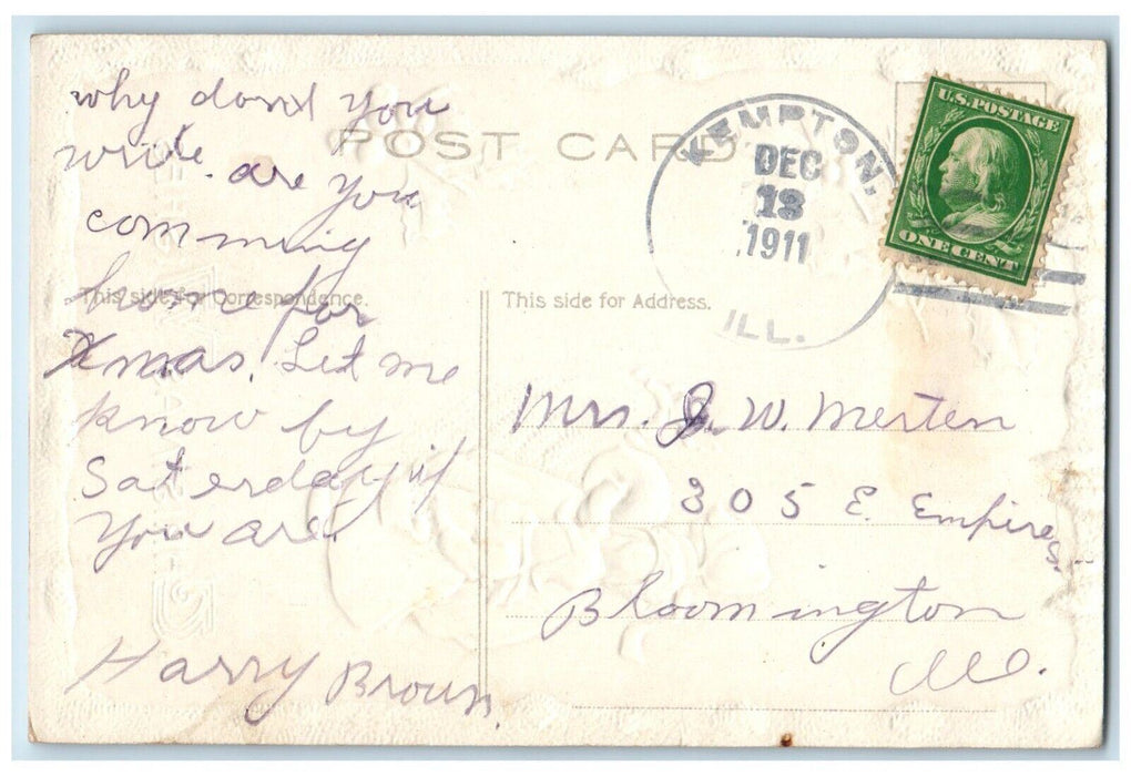 1911 Christmas Dutch Mother Daughter Handwarmer Berries Kempton IL Postcard