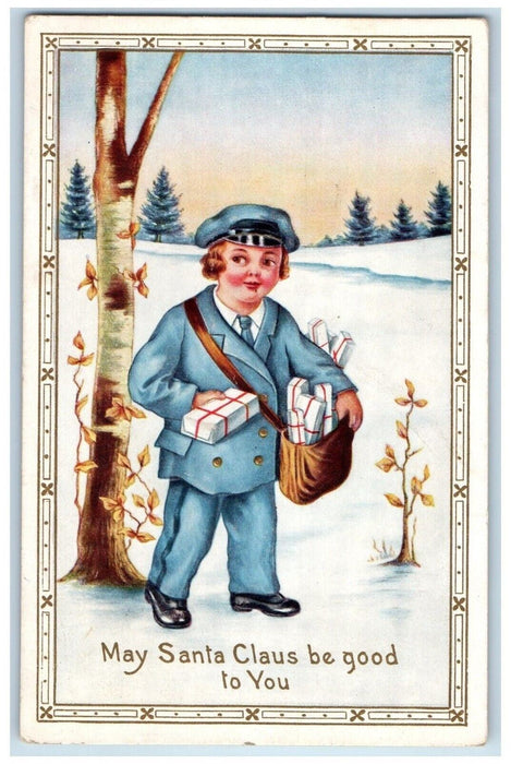 c1910's Christmas Man Delivering Gift Winter Embossed Posted Antique Postcard