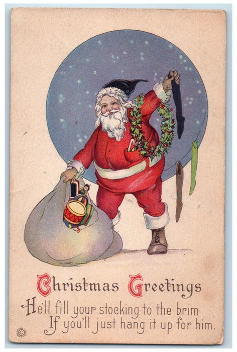 1922 Christmas Greetings Santa Claus Sack Of Toys Stockings Vintage Postcard