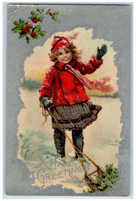 c1910's Christmas Greetings Girl Pulling Holly Berries Embossed Antique Postcard