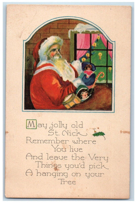 c1910's Christmas Santa Claus Sack Of Toys Doll Candy Cane Antique Postcard