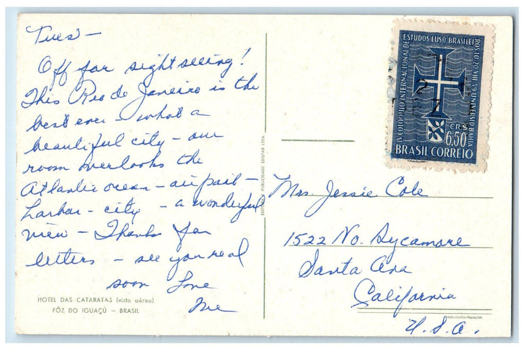 c1950's Water Falls Hotel Das Cataratas Foz Do Iguacu Brazil Postcard