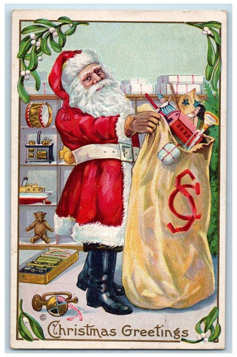 c1910's Christmas Greetings Santa Claus Sack Of Toys Embossed Antique Postcard