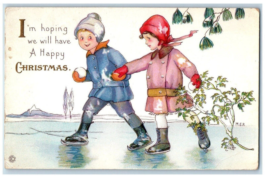 1915 Christmas Children Ice Skating Snowball Mistletoe Council IL Postcard